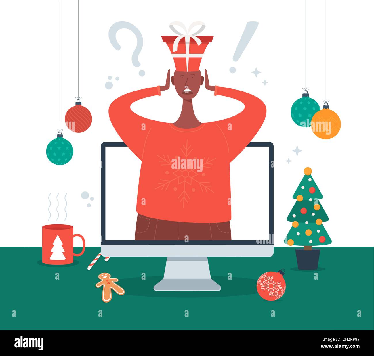 What gift to choose concept. Shocked man in a New Year or Christmas suit chooses gifts on computer screen. Flat cartoon Vector stock illustration. Stock Vector