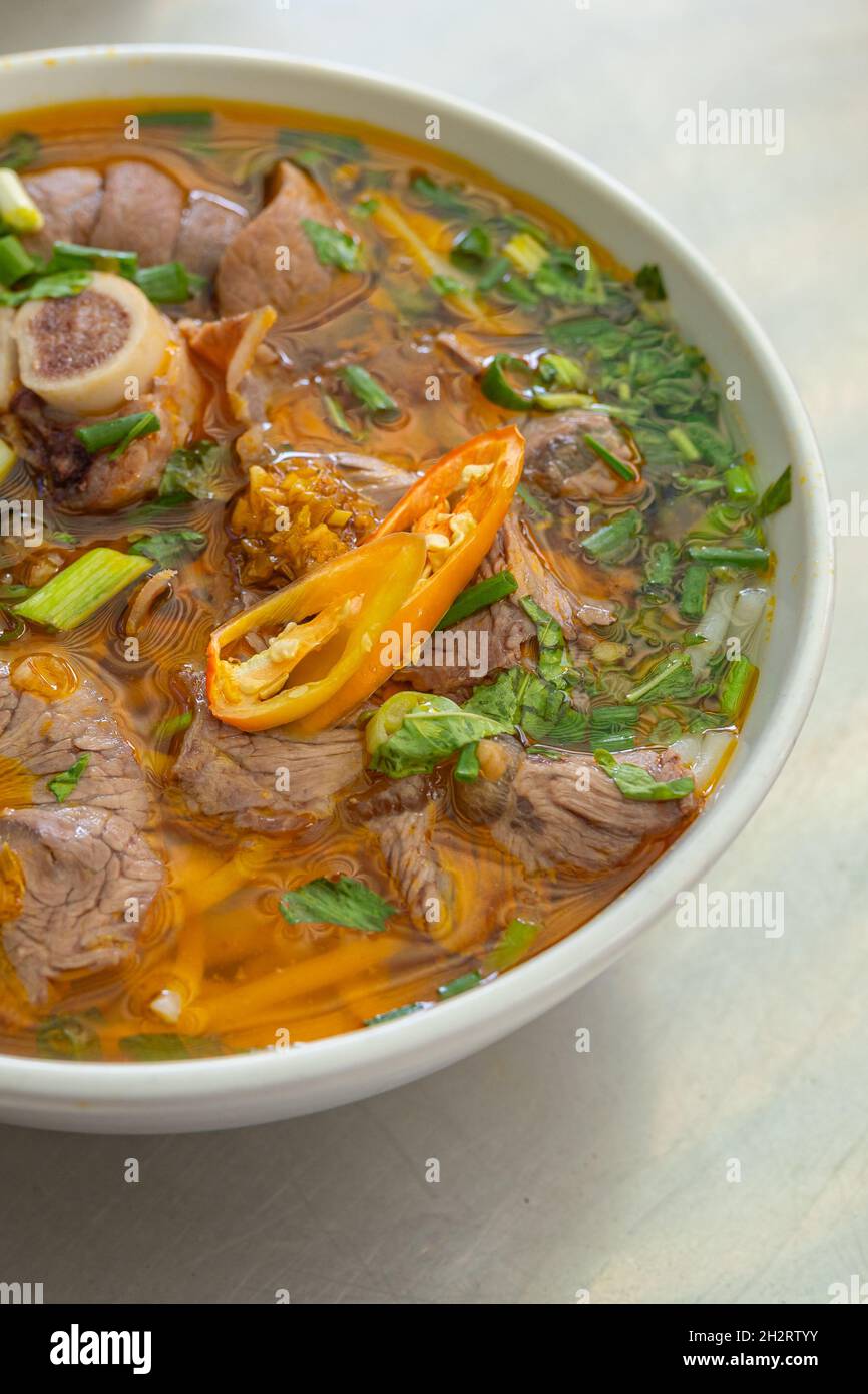 Close up photo of traditional Vietnam noodles Bun Bo Hue Stock Photo