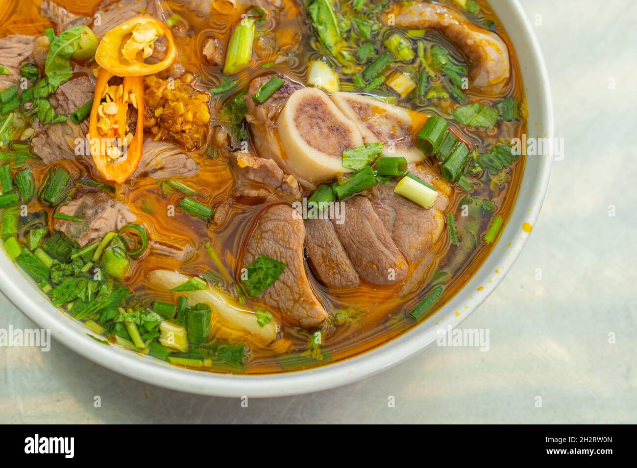 Close up photo of famous noodles in Vietnam called Bun Bo Hue Stock Photo