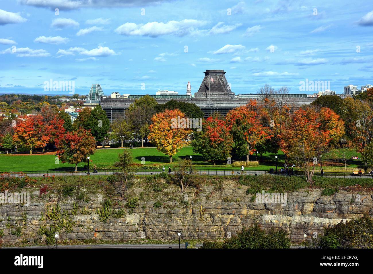 View of the US Embassy in Ottawa with autumn leaves from Parliament Hill Stock Photo