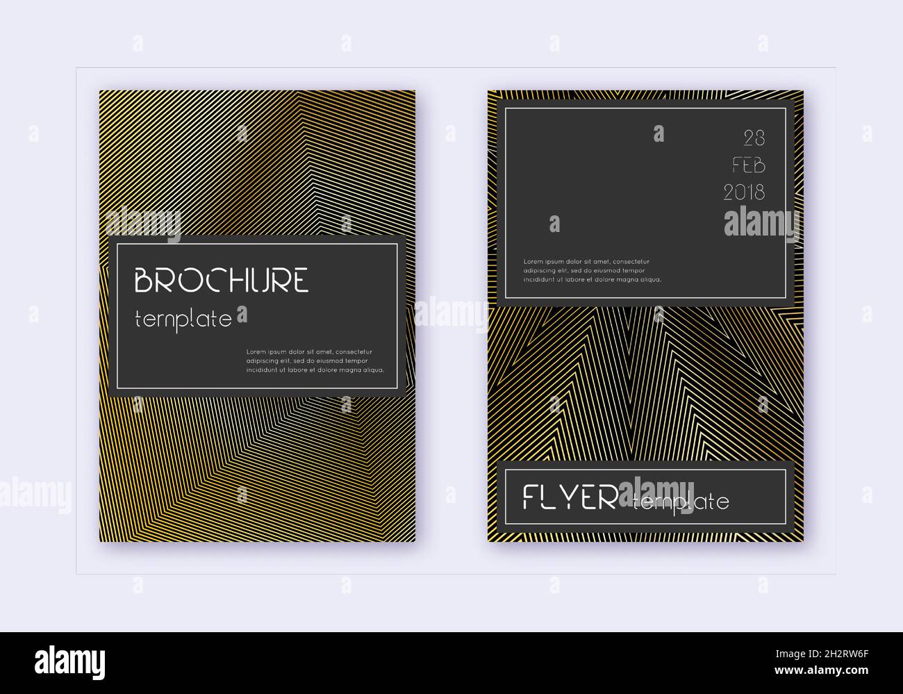 Black cover design template set. Gold abstract lines on black