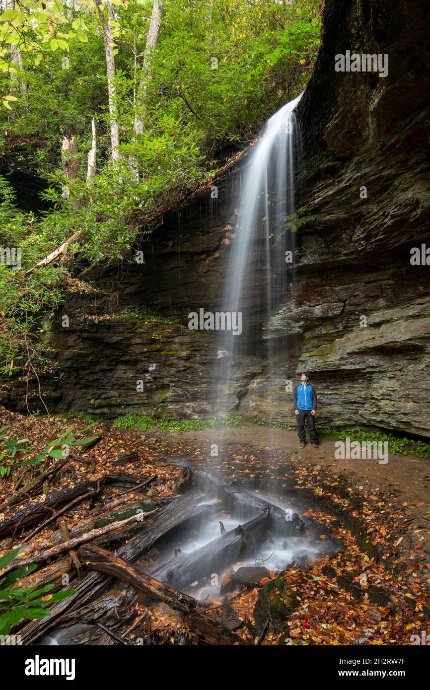 Hiker at Little Moore Cove Falls Pisgah National Forest, Brevard