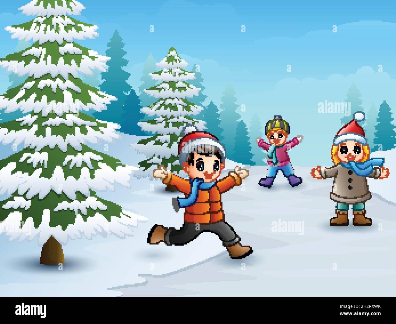 Happy kids playing in winter landscape Stock Vector Image & Art - Alamy