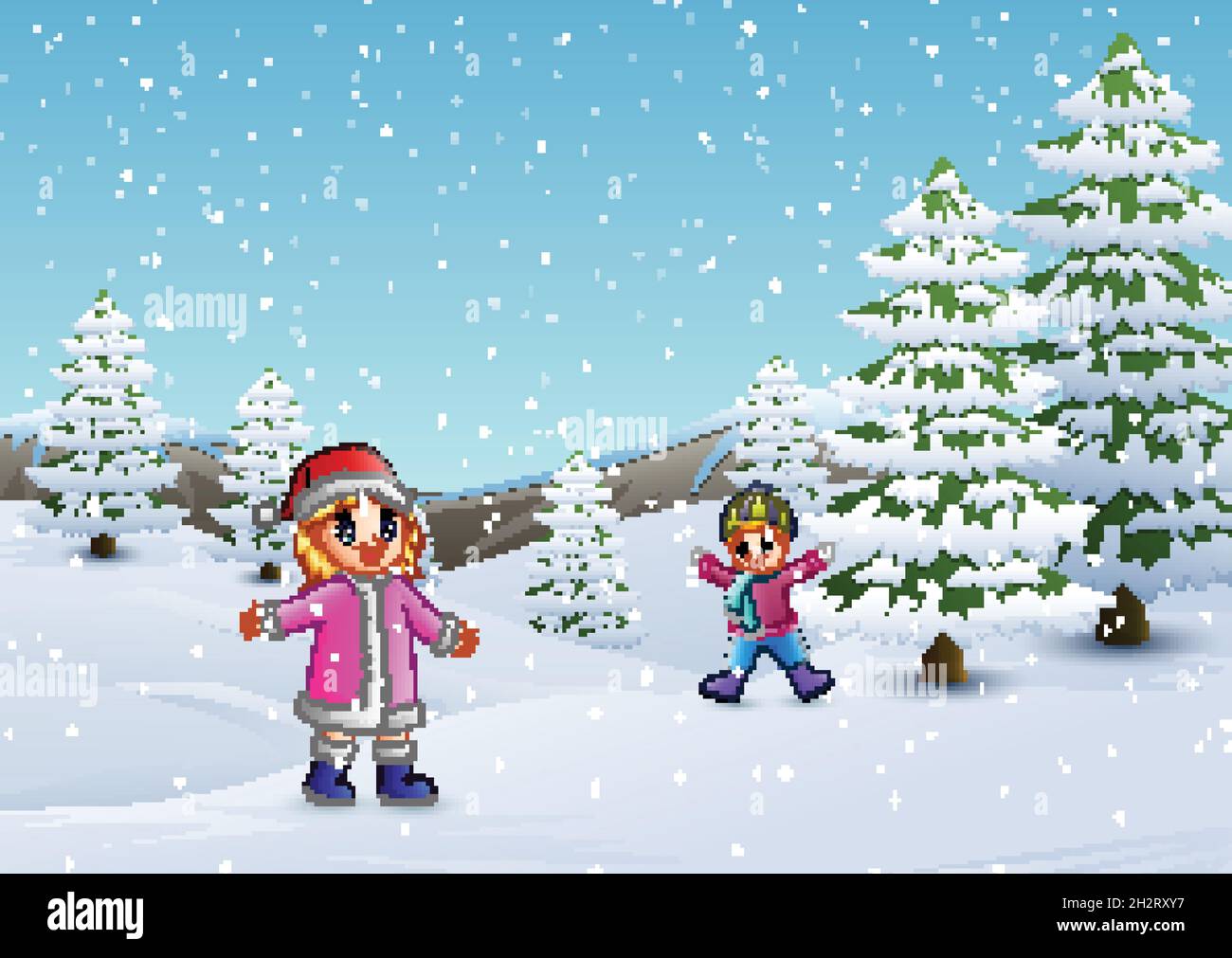 Happy kids playing in winter landscape Stock Vector Image & Art - Alamy
