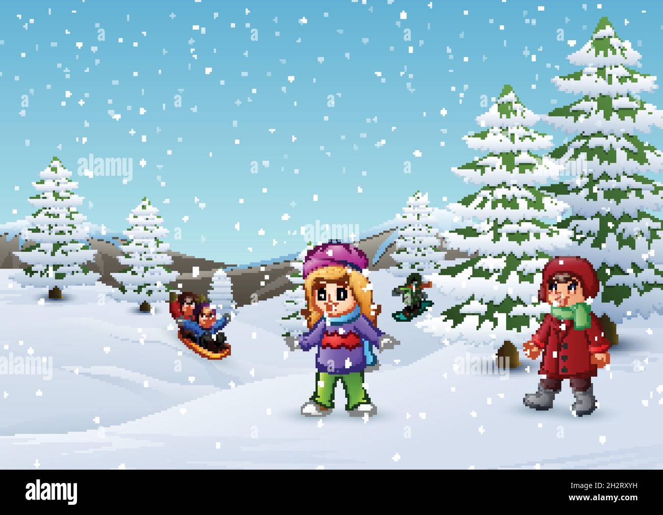 Happy kids playing in winter landscape Stock Vector Image & Art - Alamy