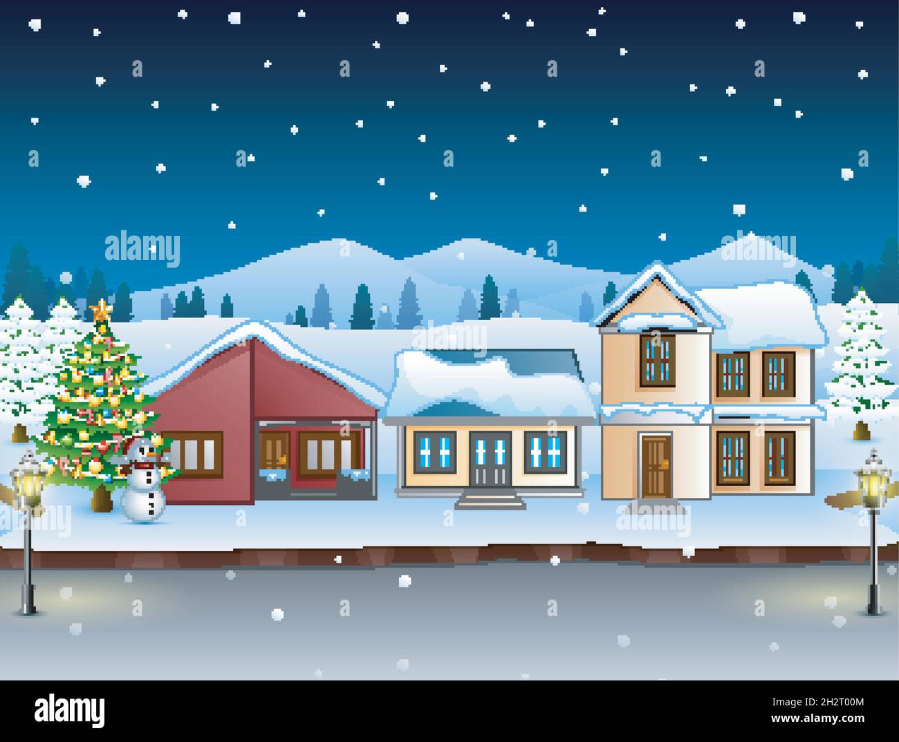 Winter landscape with mountains and snowy house Stock Vector