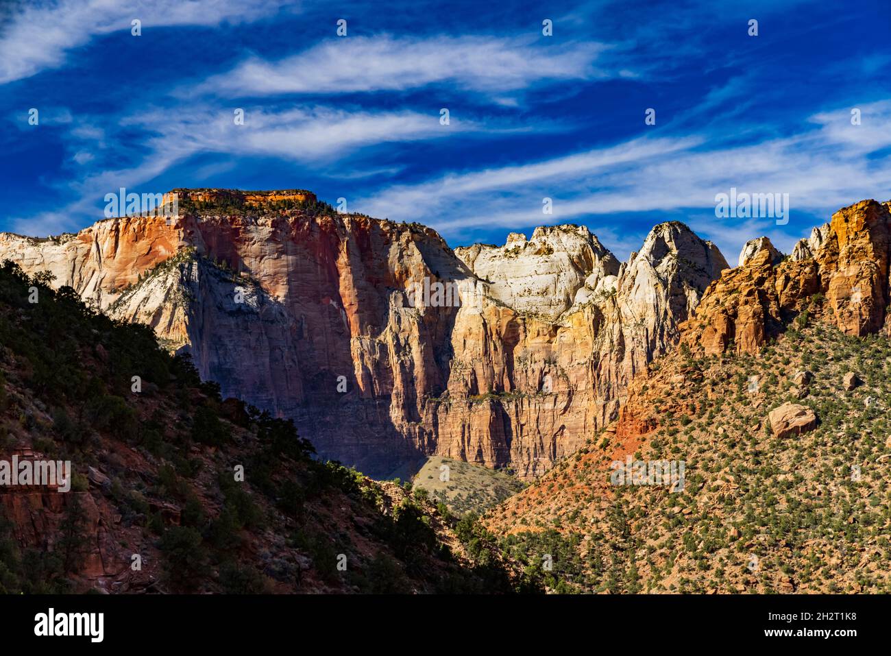 The majestic Temples and Towers of the Virgin with the West Temple formation on the left in Zion National Park near Springdale, Utah, USA. Stock Photo