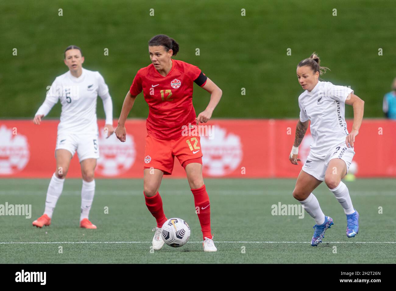 Ottawa, Canada, October 23, 2021: Christine Sinclair (red, No.12) of Team Canada in action during the Celebration Tour match against Team New Zealand at TD Place in Ottawa, Canada. Canada won the match 5-1. Stock Photo