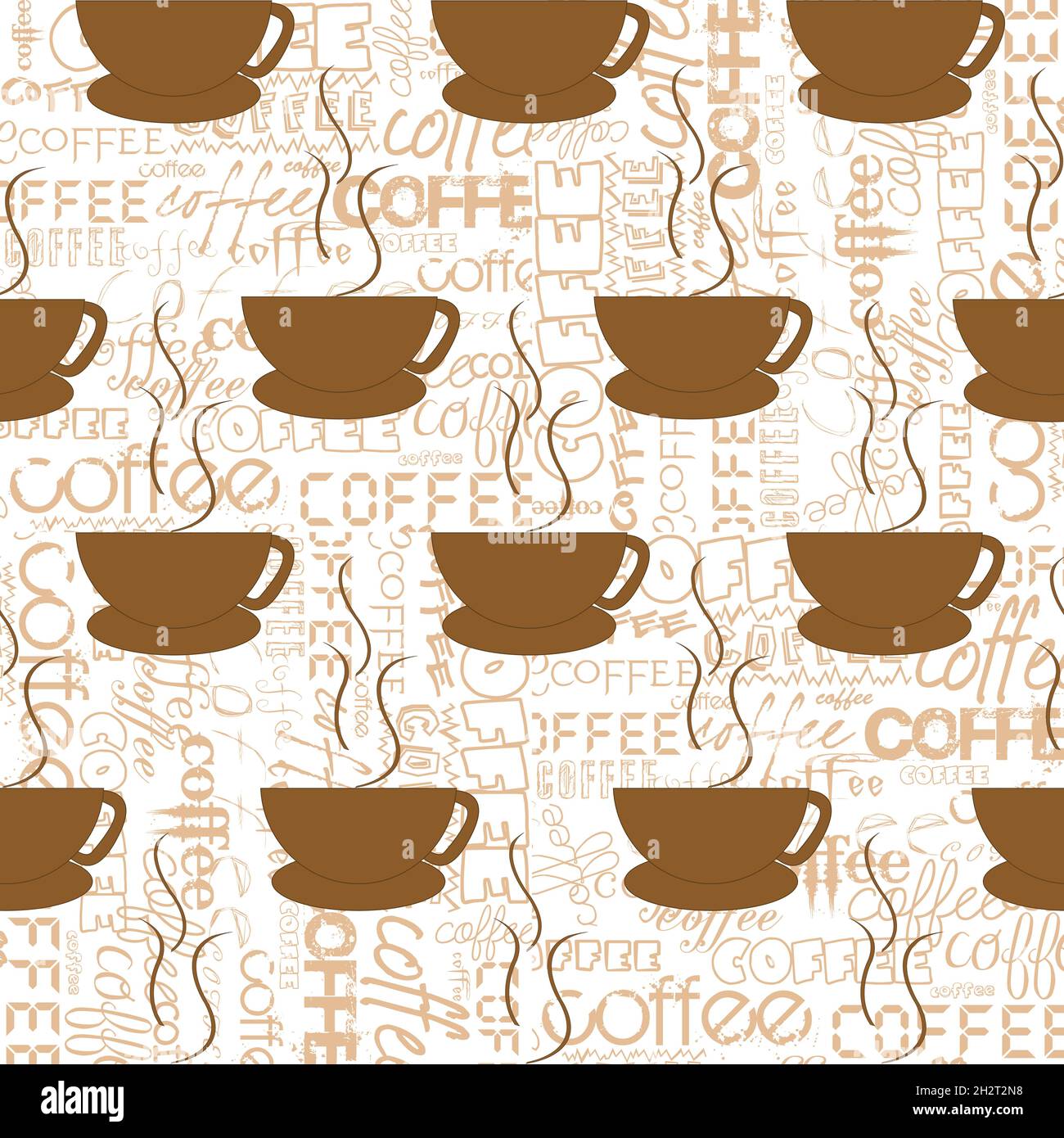 Coffee seamless pattern with cups over coffee lettering background Stock Vector