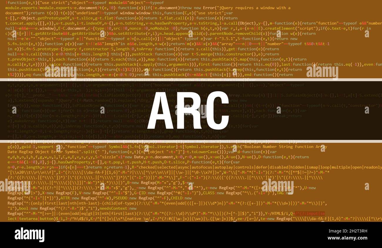 Arc text written on Programming code abstract technology background of ...