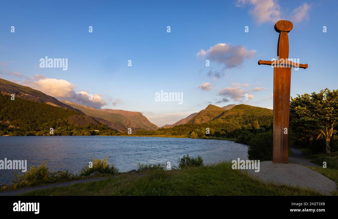 giant Sword on the shores of Llyn Padarn in Llanberis, North Wales, UK Stock Photo