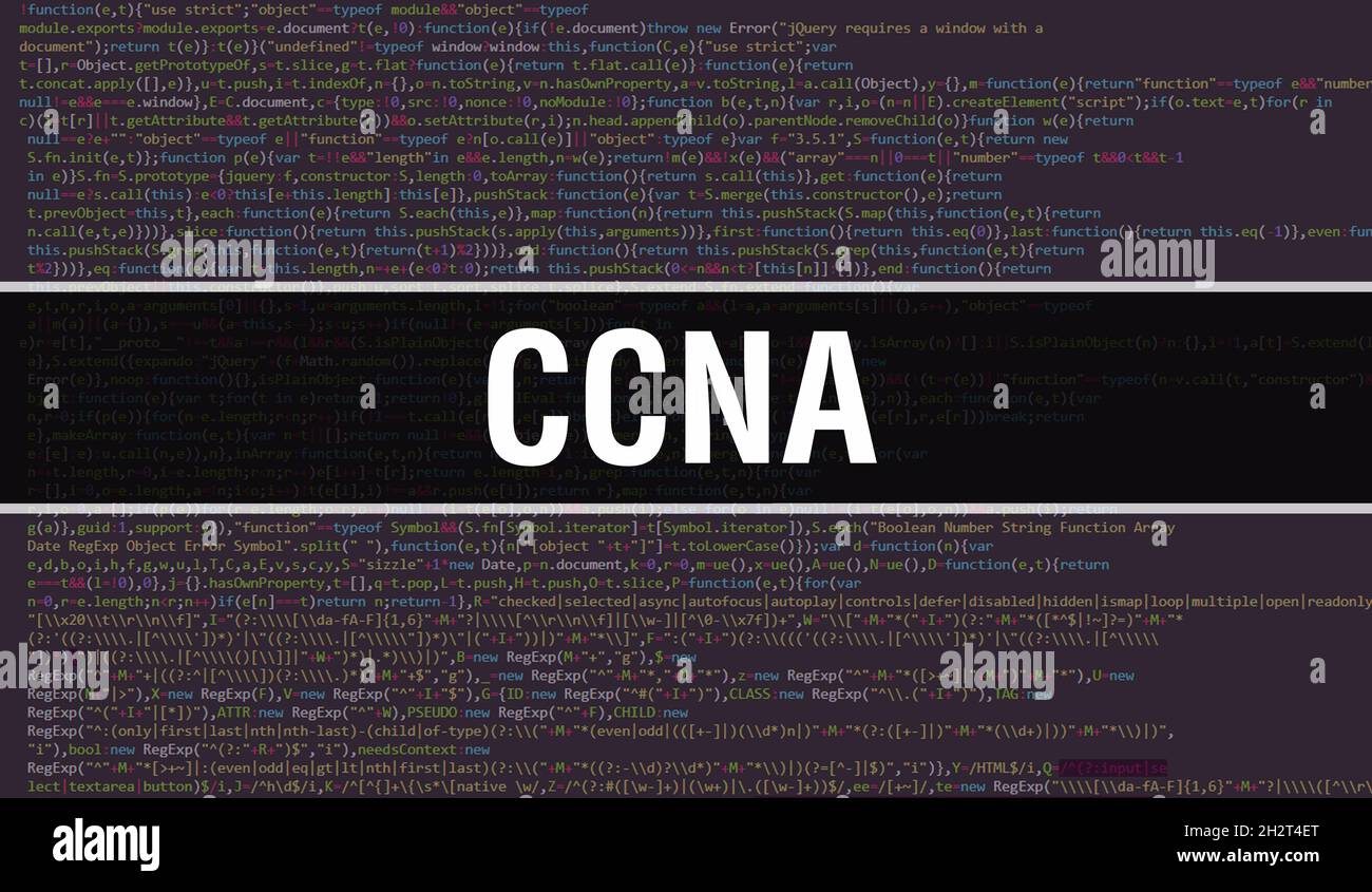 CCNA concept illustration using code for developing programs and app. CCNA website code with colourful tags in browser view on dark background. CCNA o Stock Photo