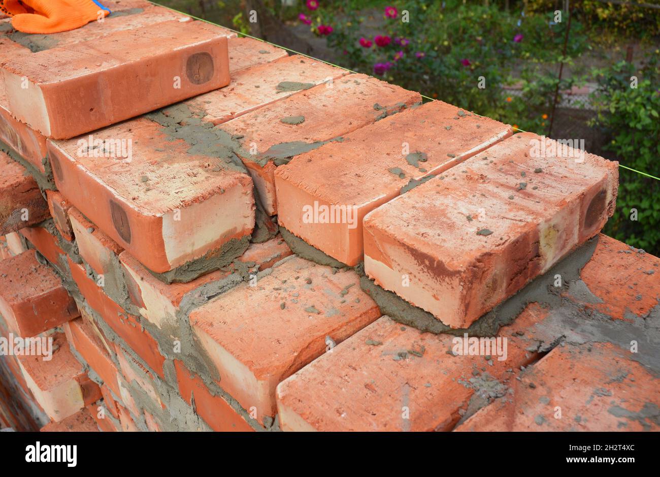 Bricklaying, Brickwork. Close up Bricklaying on House Construction Site. 3 Bricks wall thickness