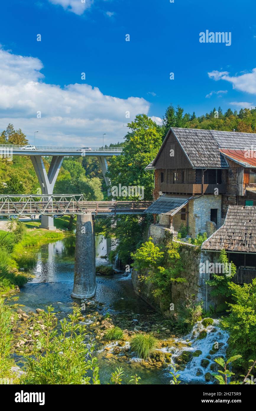 Village of Rastoke in Croatia, old water mills on waterfalls of Korana river Stock Photo