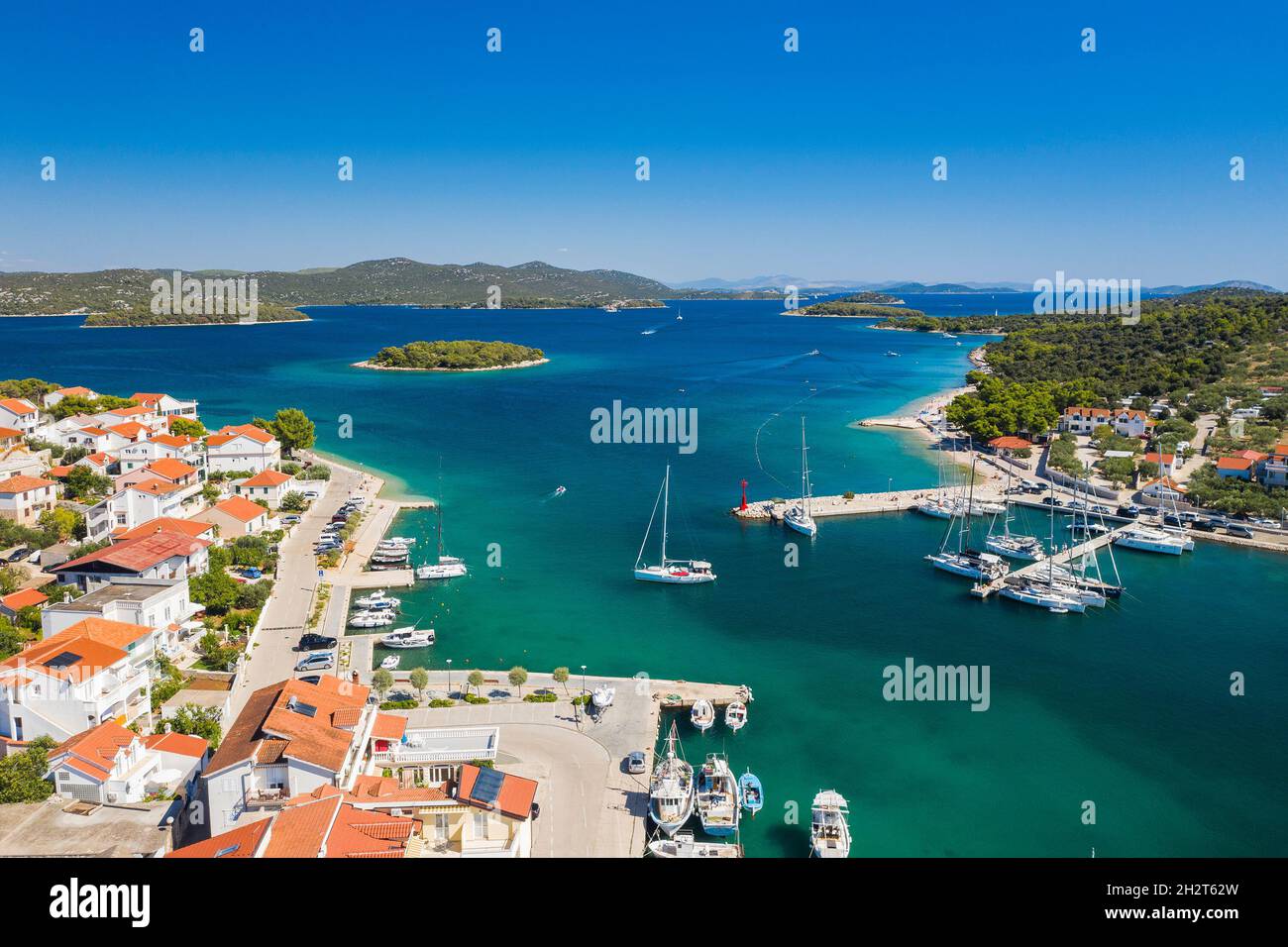 Town of Jezera on the island of Murter, Dalmatia, Croatia, aerial panoramic view Stock Photo