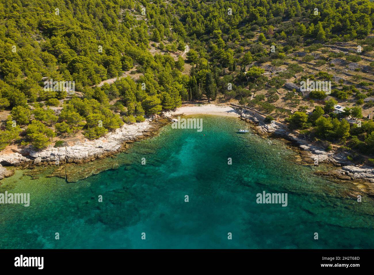 Secret bay and beach on Murter island, aerial view, Dalmatia, Croatia Stock Photo