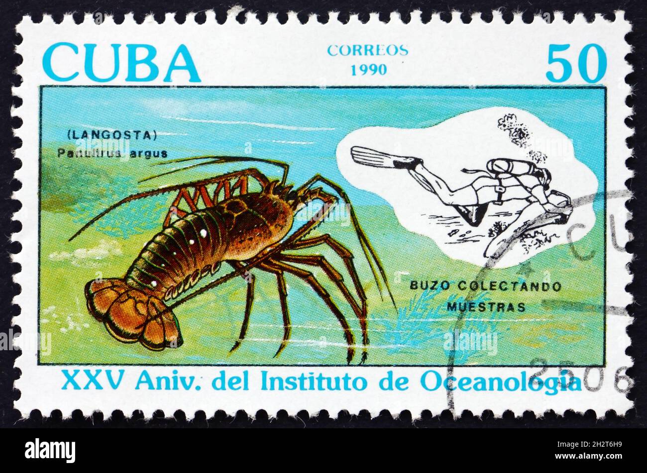 CUBA - CIRCA 1990: a stamp printed in Cuba shows Caribbean spiny lobster, panulirus argus, and specimen collection, 25th anniversary of the Oceanograp Stock Photo