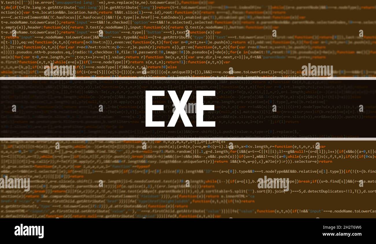 exe  concept illustration using code for developing programs and app. exe  website code with colourful tags in browser view on dark background. exe  o Stock Photo