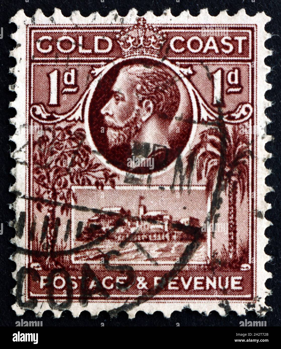 GOLD COAST - CIRCA 1928: a stamp printed in British colony Gold Coast (now Ghana) shows Christiansborg Castle and King George V, circa 1928 Stock Photo