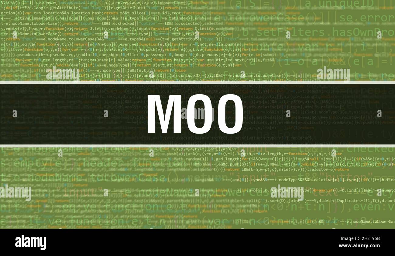 MOO text written on Programming code abstract technology background of ...