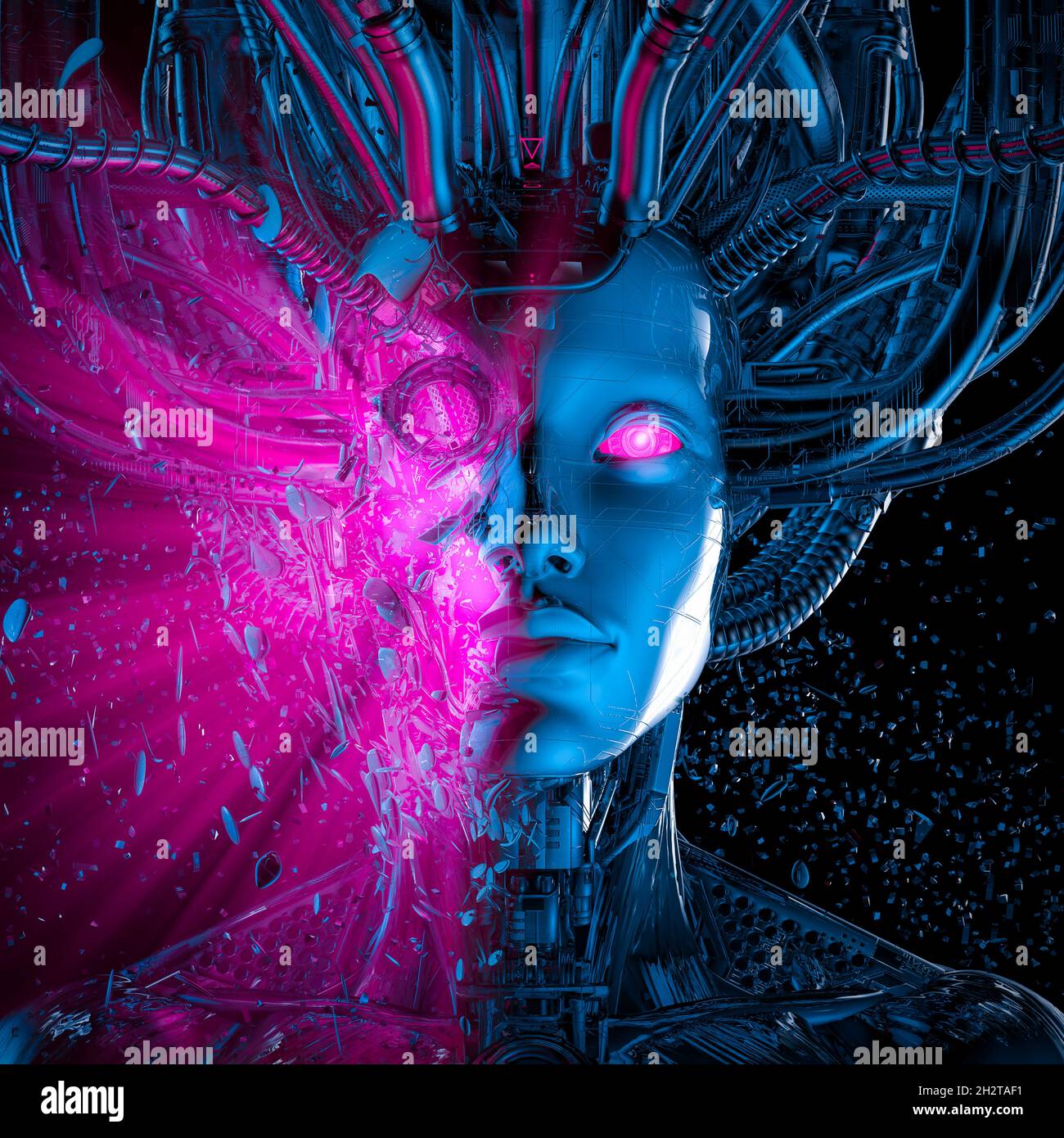 Shattered dream of the machine - 3D illustration of metallic science fiction female artificial intelligence head exploding Stock Photo
