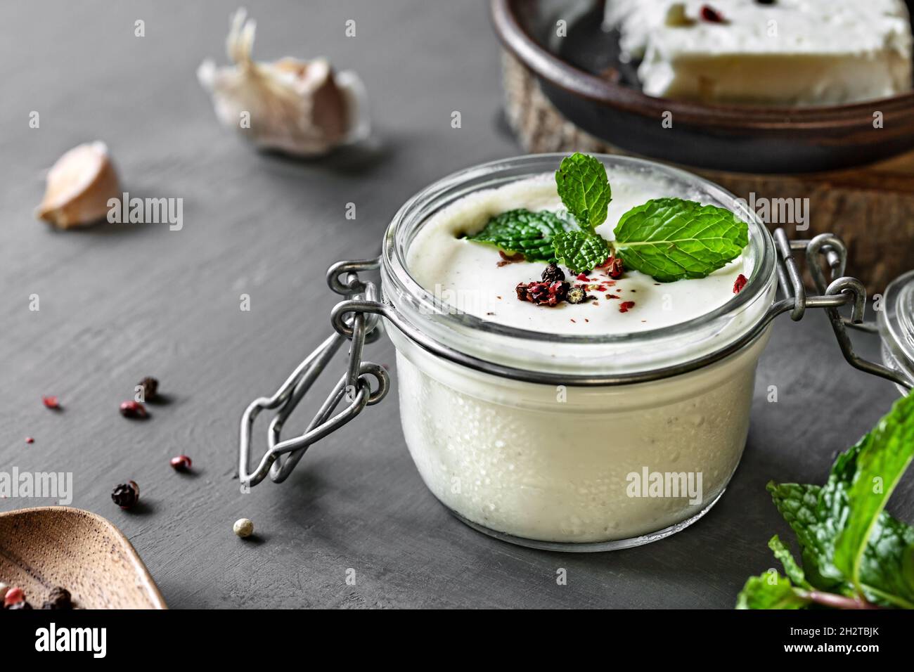 Homemade Feta cheese dip with Herbs and Spices Stock Photo