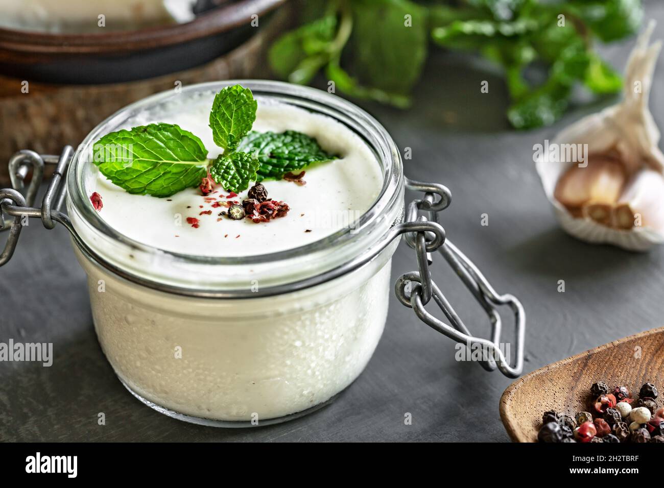 Homemade Feta cheese dip with Herbs and Spices Stock Photo