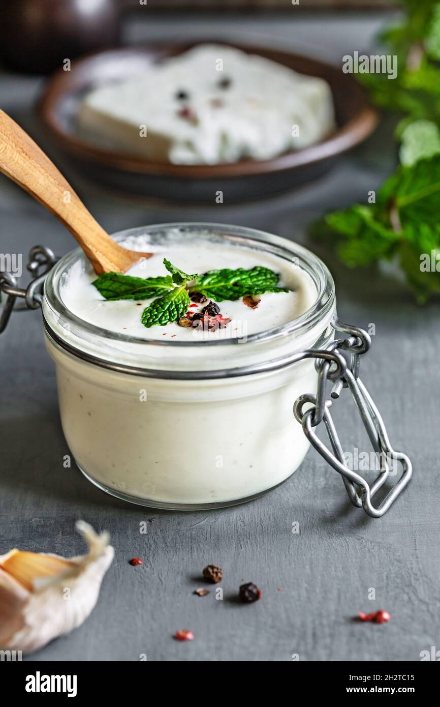 Homemade Feta cheese dip with Herbs and Spices Stock Photo