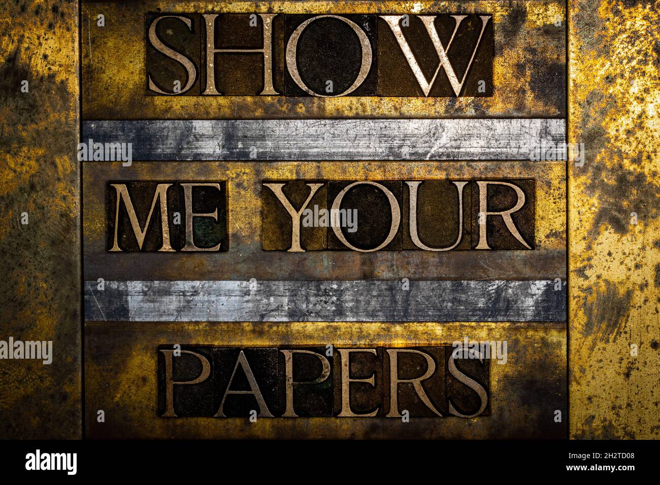 Show Me Your Papers text on textured grunge copper and vintage gold background Stock Photo
