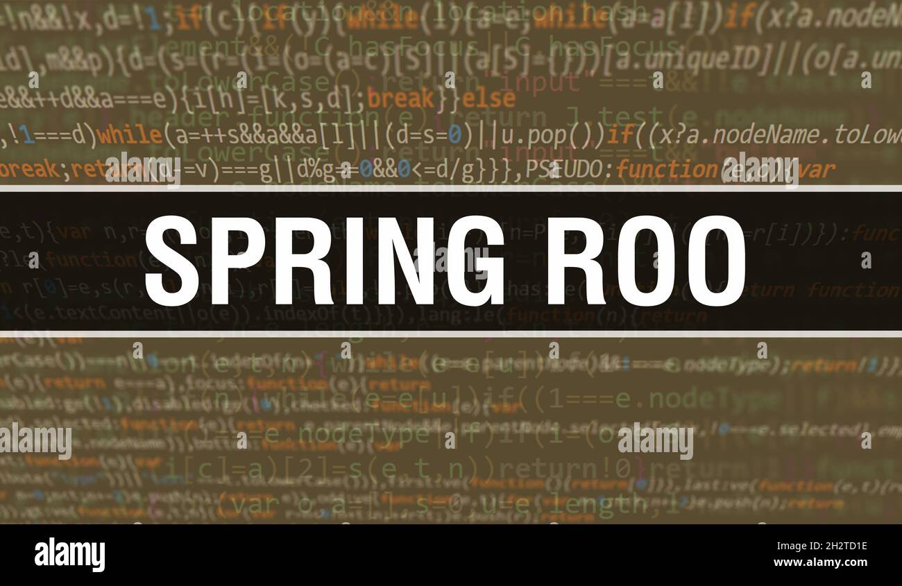 Spring Roo concept illustration using code for developing programs and app. Spring Roo website code with colourful tags in browser view on dark backgr Stock Photo Alamy