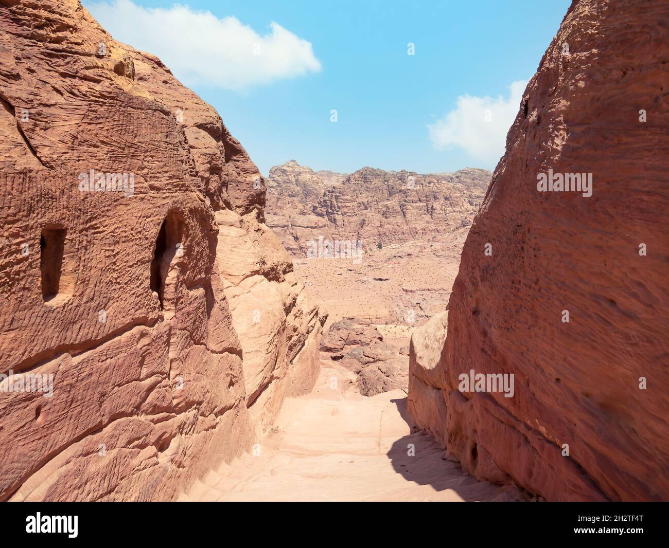 Scenic view of the ancient city of Petra seen from the Al-Khubtha Trail Stock Photo