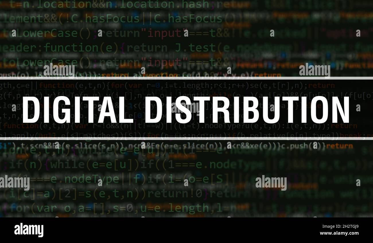 Digital distribution concept with Random Parts of Program Code.Digital distribution text written