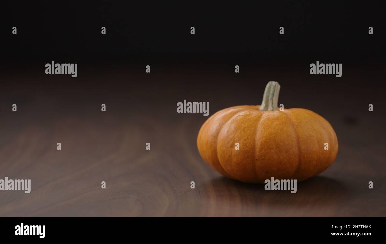 small orange pumpkin on walnut table with balck wall and , wide photo ...