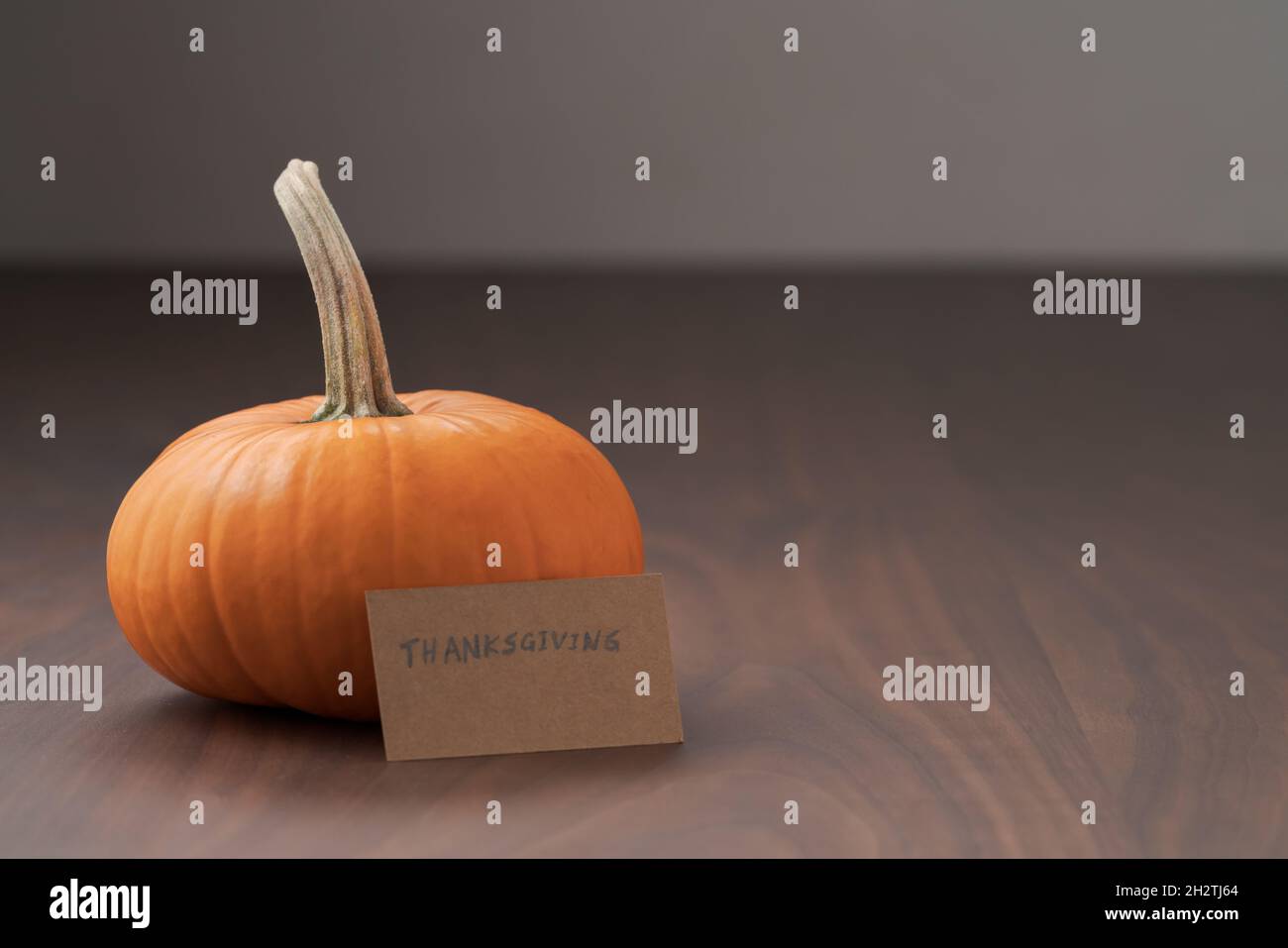 Small orange pumpkin on black walnut table with white wall background and thanksgiving card, shallow focus Stock Photo