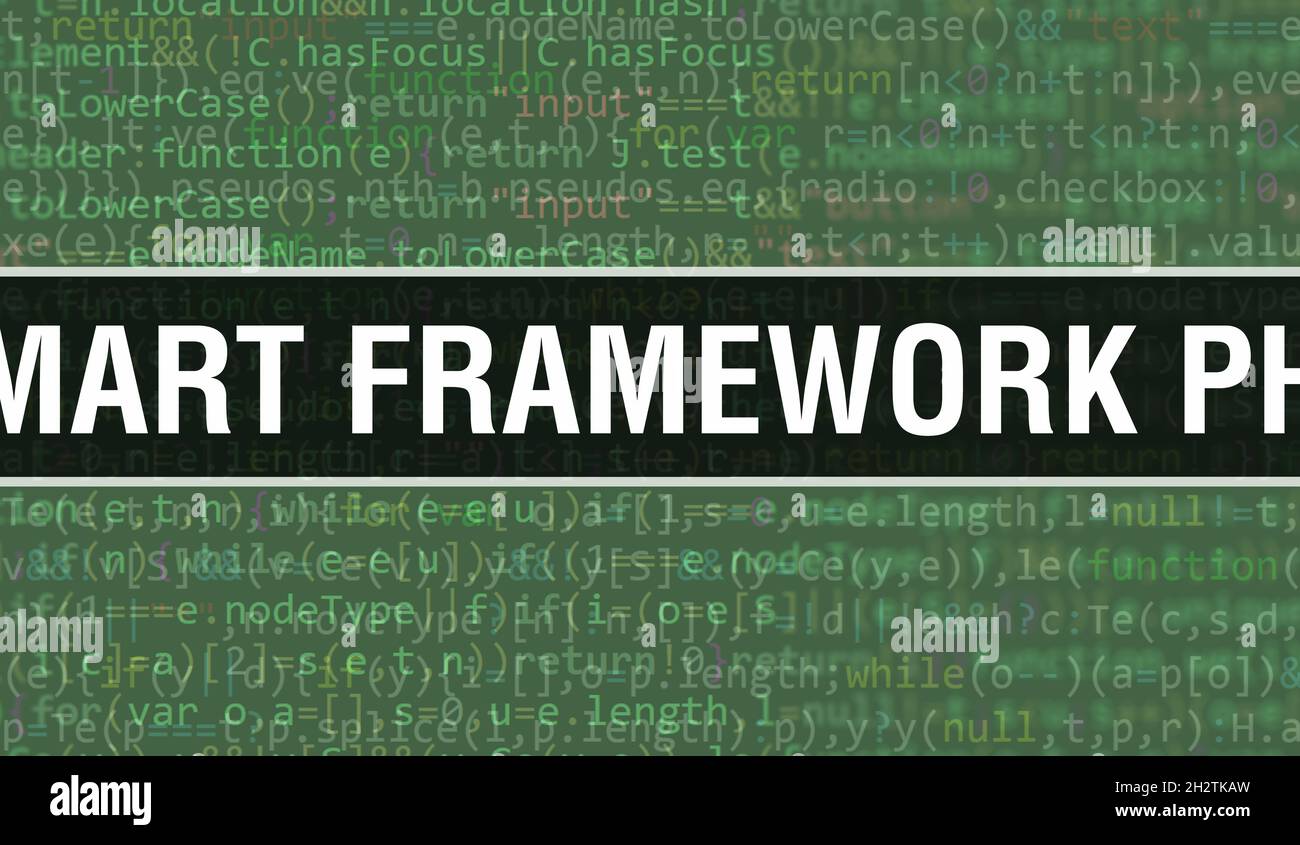 Smart Framework PHP concept with Random Parts of Program Code.Smart Framework PHP text written on Programming code abstract technology background of s Stock Photo