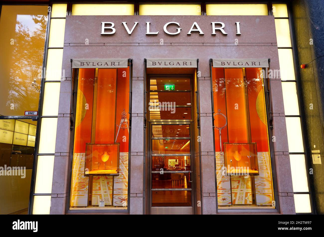 Bulgari designer store on Königsallee in Düsseldorf. Bulgari is an Italian company known for luxury jewellery, watches, perfume and leather goods. Stock Photo