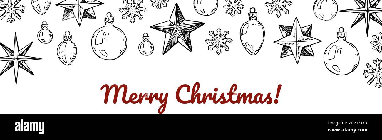 Hand drawn horizontal Happy New Year and Merry Christmas greeting card ...