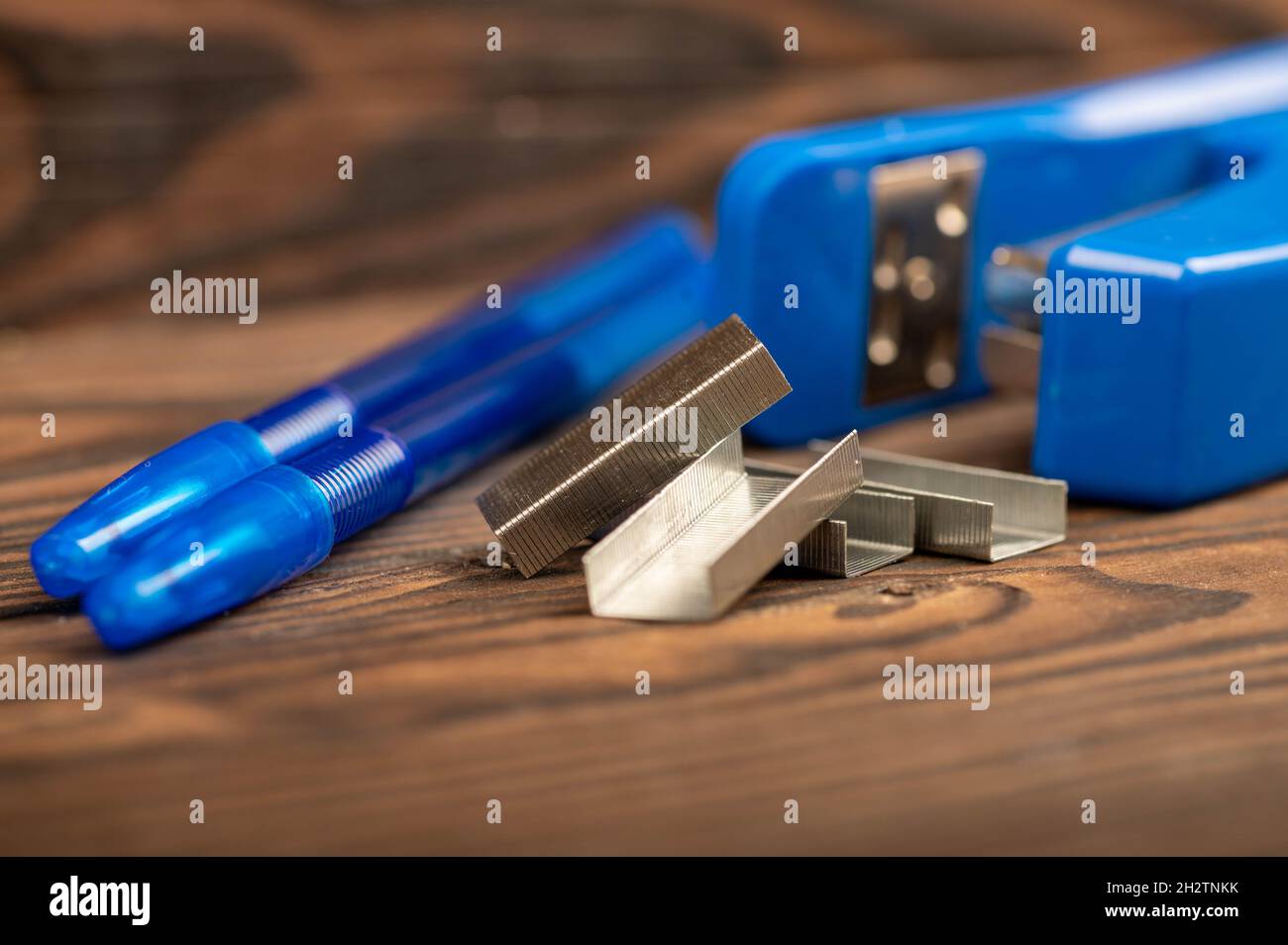 Stationery stapler, stapler staples, close-up selective focus Stock Photo
