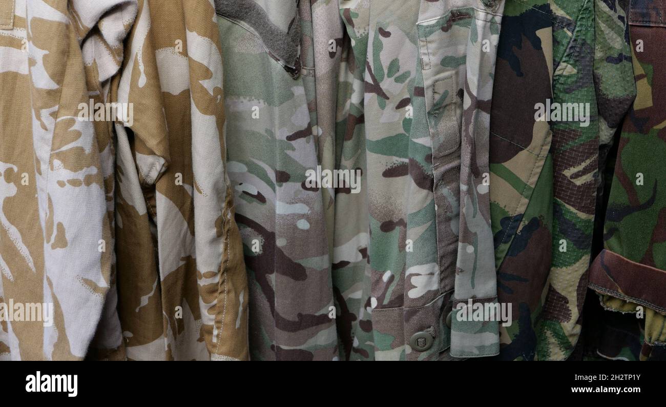 Full frame background of green and brown patterned camouflage clothing Stock Photo
