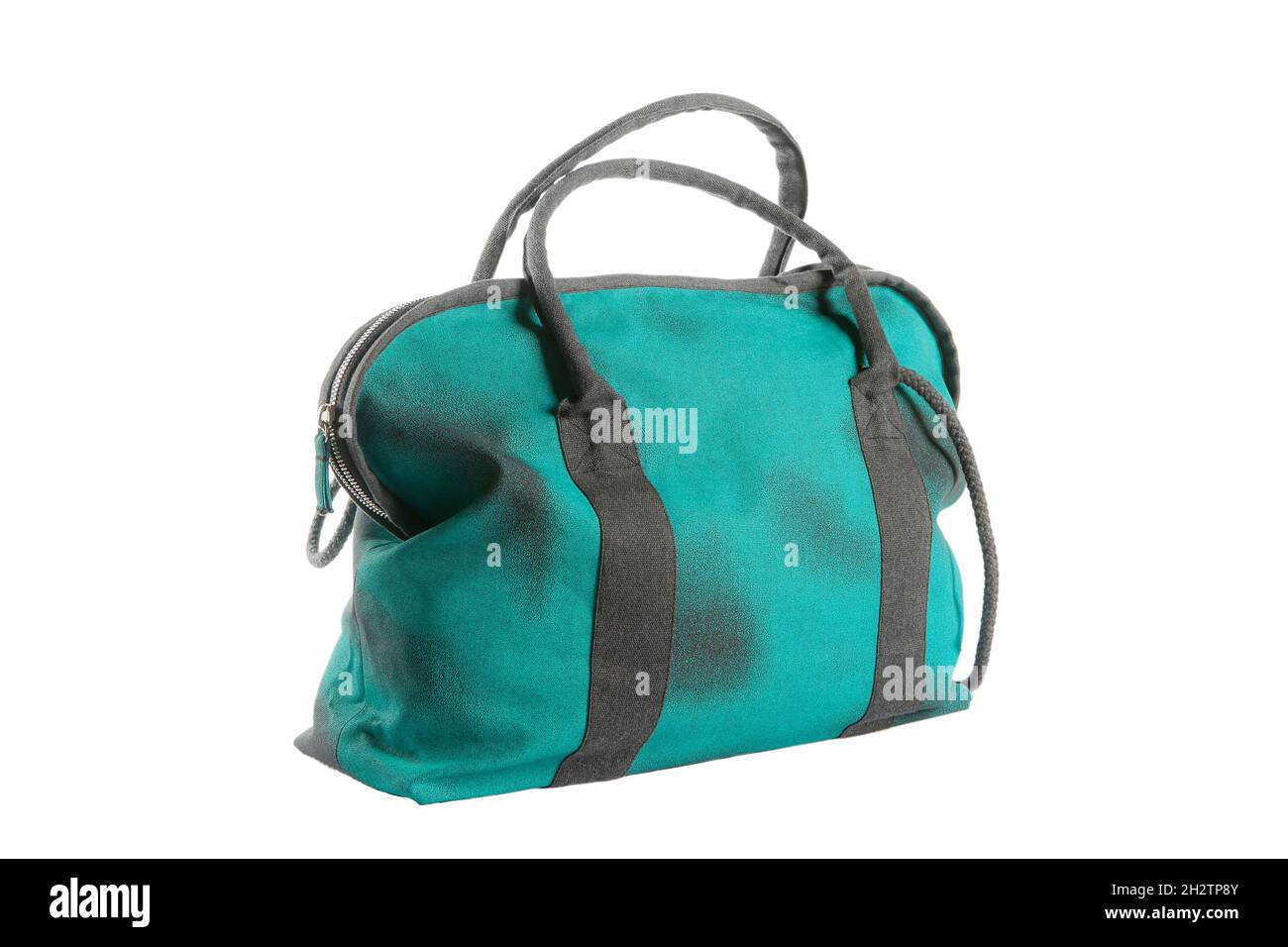 Large green clothes bag with black straps on white background Stock Photo Alamy