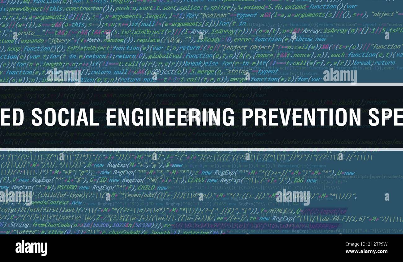Certified Social Engineering Prevention Specialist text written on Programming code abstract technology background of software developer and Computer Stock Photo