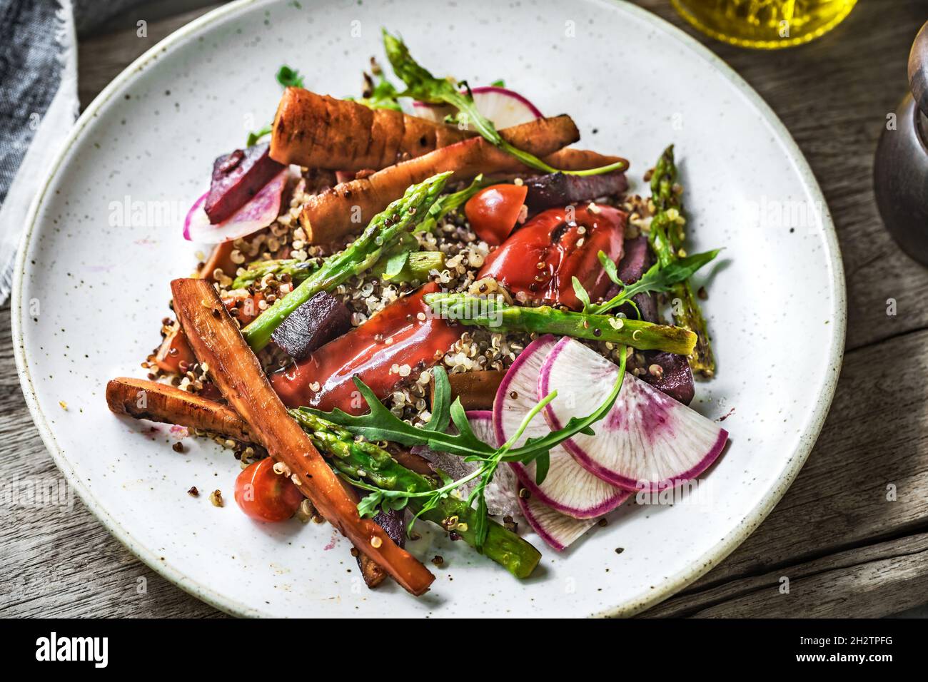Charred Asparagus Pepper Baby Carrot with Quinoa and Rocket Salad Stock Photo