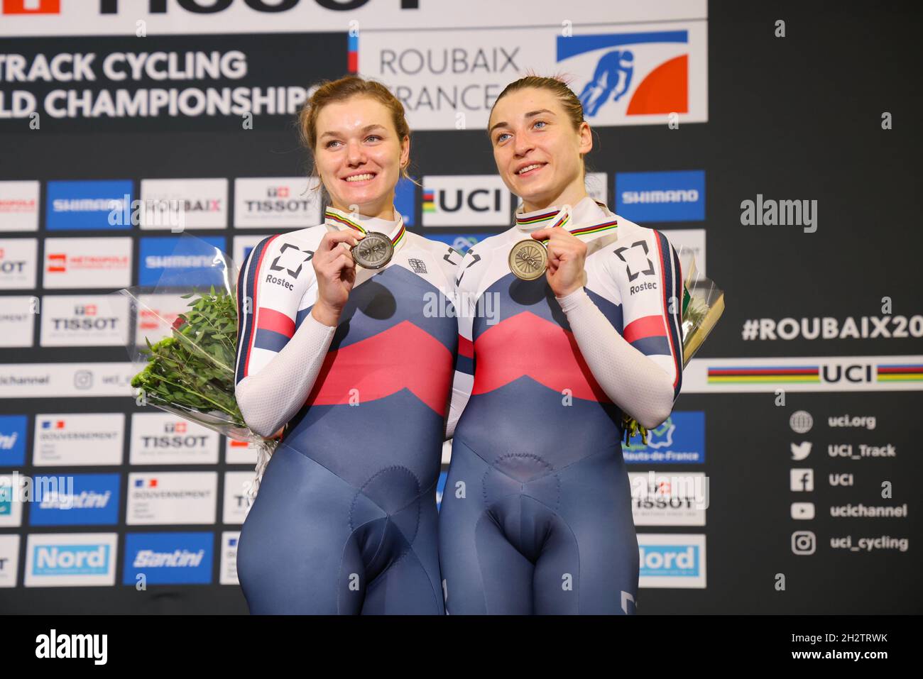 Podium Time Trial women Russian cyclist Anastasiia VOINOVA and Daria