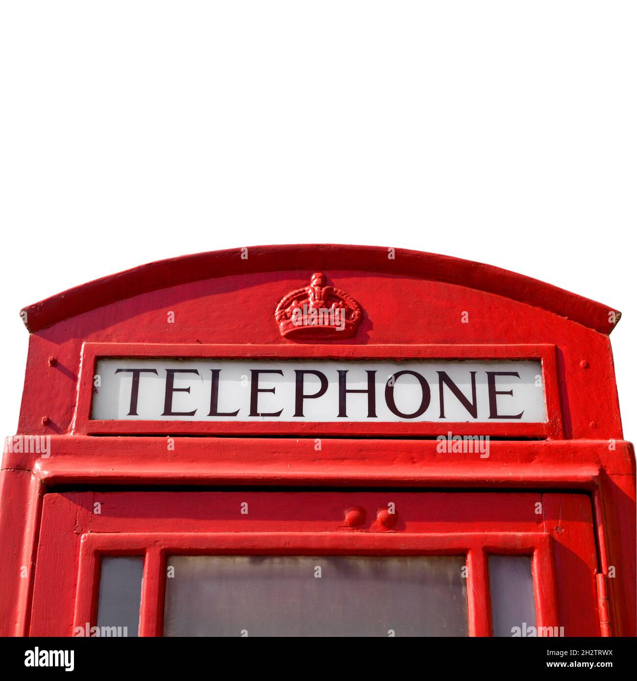 Red telephone booth in London, telephone box close-up isolated on white, copy space Stock Photo