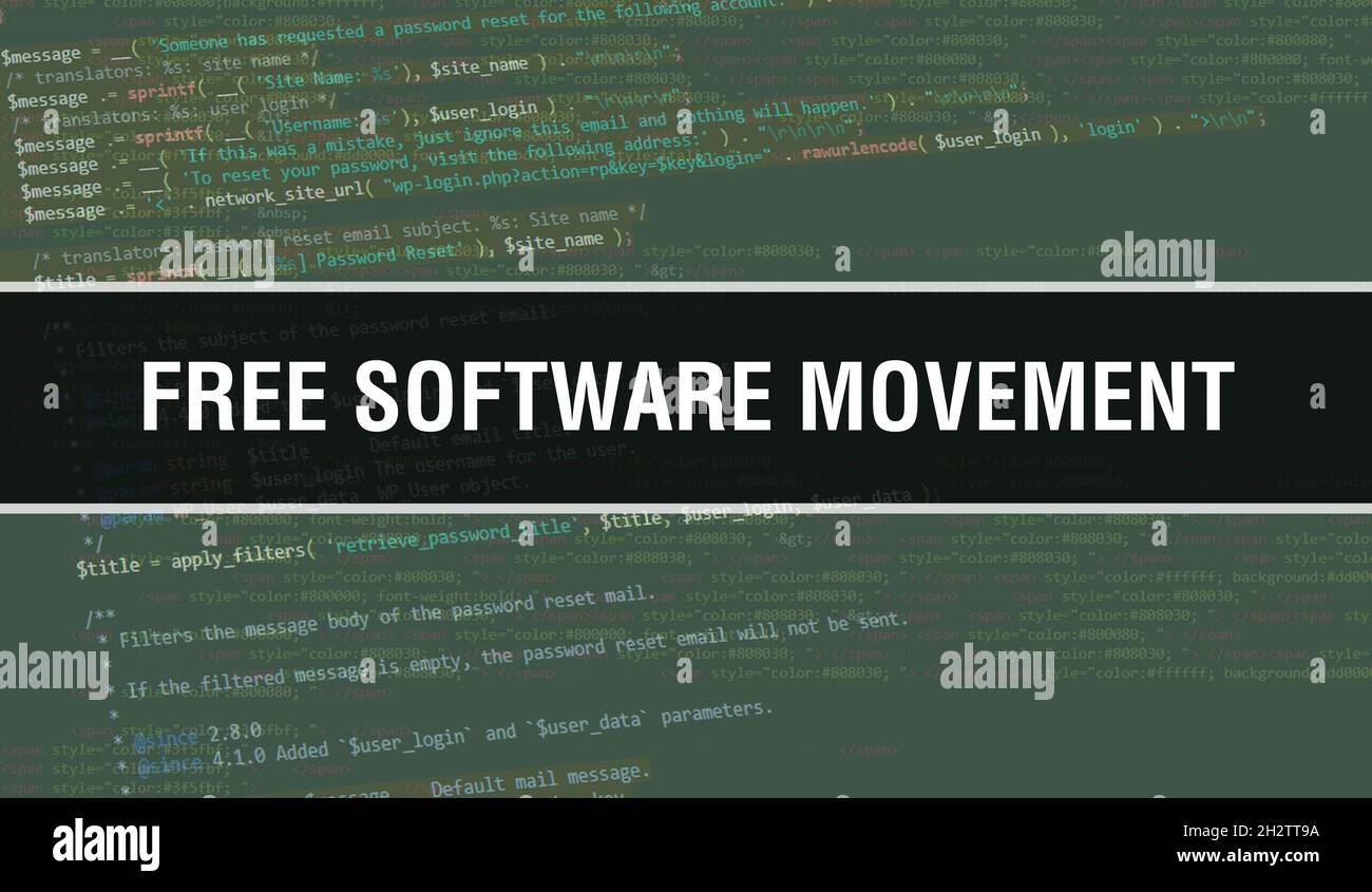 Free software movement text written on Programming code abstract ...