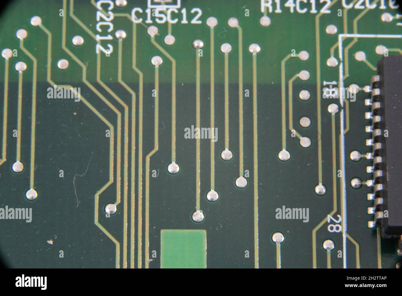 oktober 2021. Close up of the different circuits on a computer mother board. High quality photo. Macro. Stock Photo