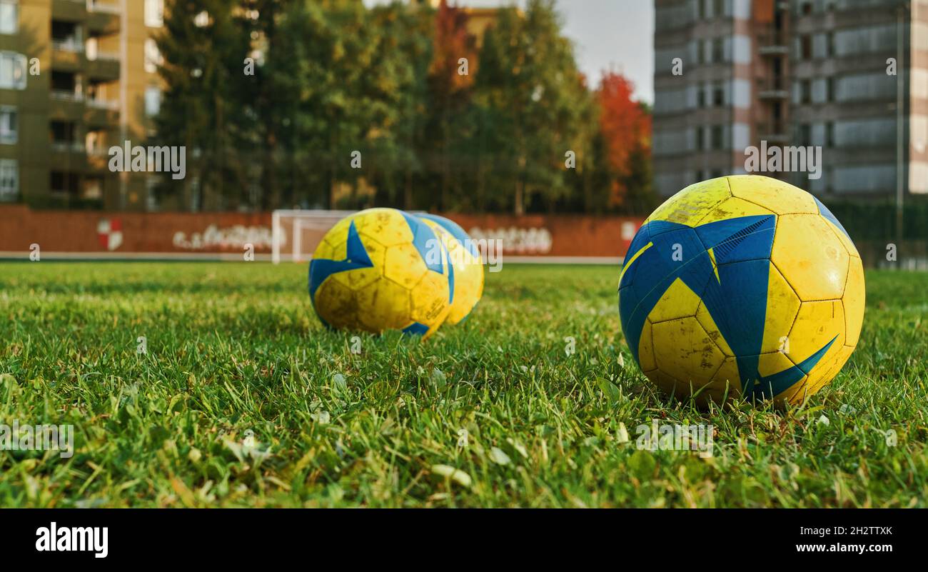Soccer Balls On Autumn Field Stock Photo