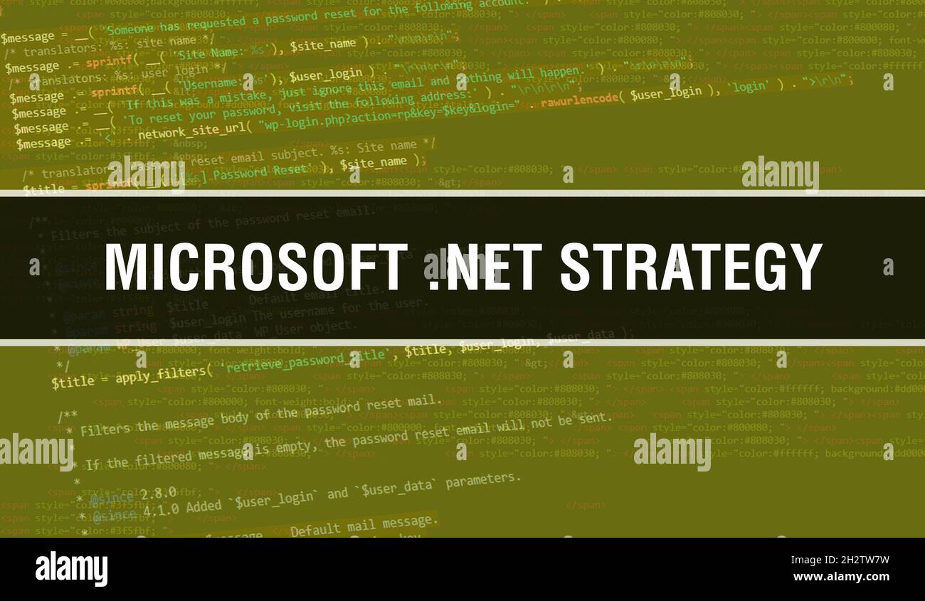 Microsoft .NET strategy text written on Programming code abstract technology background of software developer and Computer script. Microsoft .NET stra Stock Photo