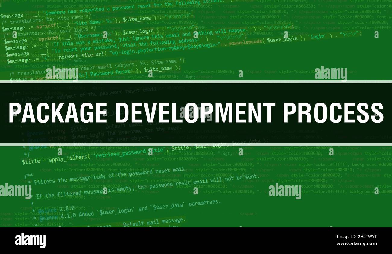Package development process text written on Programming code abstract ...