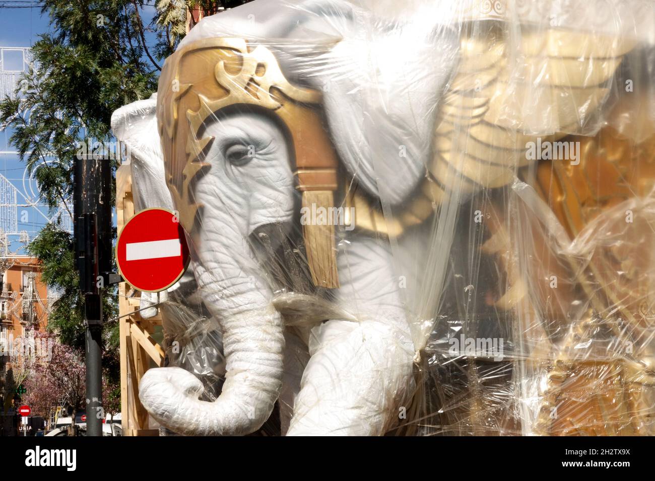 Elephant statue in the Ruzafa district of Valencia Falla on the street preparation for the Spanish festival in the City Stock Photo